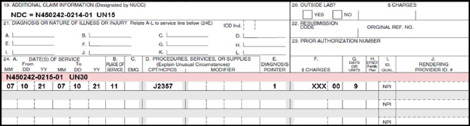agen del formulario de reclamacin 1500 para informar dos nmeros de NDC en el punto 24.