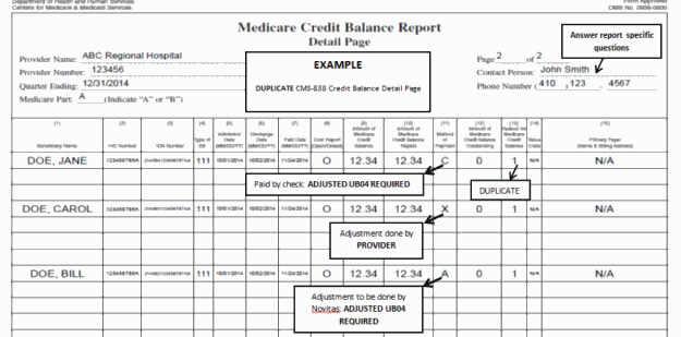   Pgina de detalles CMS-838 aceptable cuando "duplicado" es el motivo del saldo de crdito de Medicare (Encasillado 13)