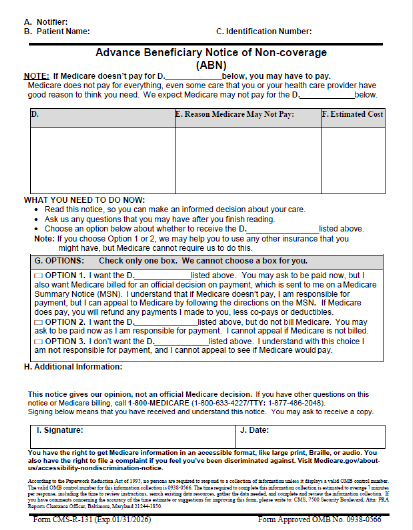 agen de la Notificacin anticipada al beneficiario (ABN) de no cobertura, formulario CMS-R-131, caduca el 31 de enero de 2026