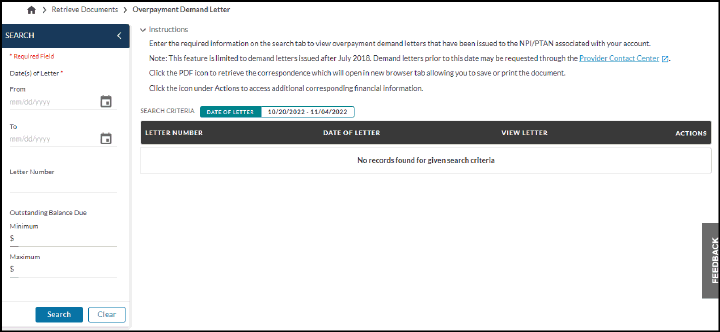 erpayment Demand Letter screen